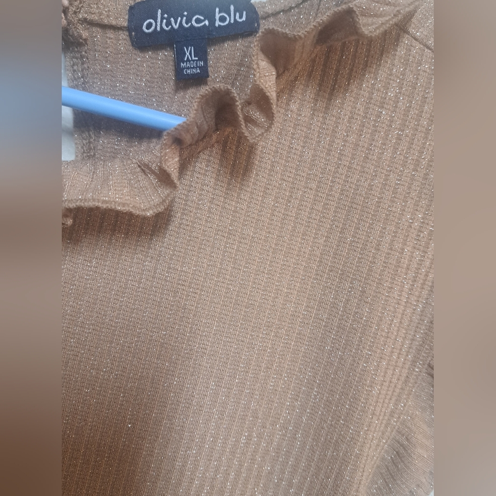 Olivia Blu Womens XL Tan Metallic Ruffle Neck Sleeveless Peplum Blouse Top - Picture 5 of 6